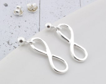 Infinity earrings, sterling silver drop studs, minimalist gift for her