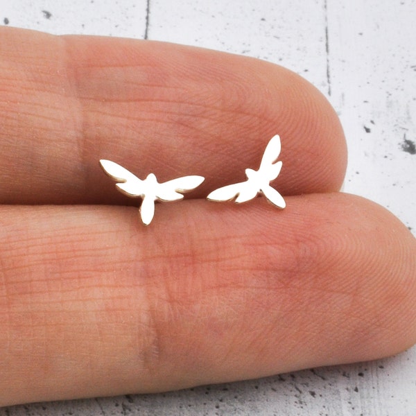 Dragonfly earrings sterling silver studs, insect minimalist and dainty, mismatched tiny and small gift fof her in personalized box