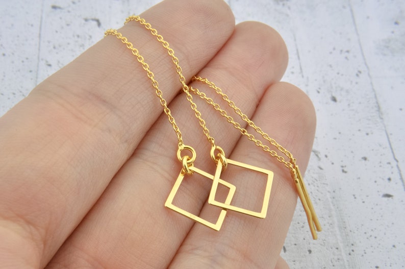 Square earrings, long chain threader, geometric, minimalist and dainty tiny and delicate sterling silver gift for her image 10