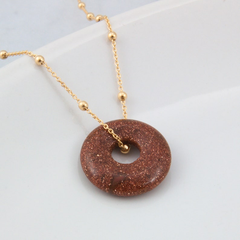 Sand stone donut necklace, circle big hole crystal pendant, women and girl gemstone jewelry gift image 3