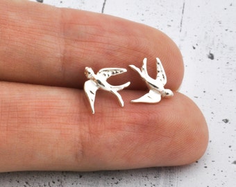 Swallow studs bird earrings, sterling silver minimalist and dainty, tiny and small gift fof her