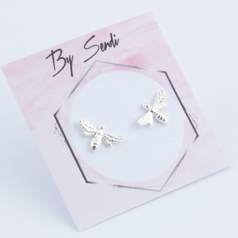 Bee earrings sterling silver studs, minimalist and dainty, mismatched stud, tiny and small gift fof her in personalized box image 3