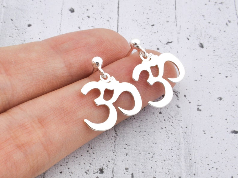 Ohm om earrings, sterling silver drop studs, minimalist gift for her image 2