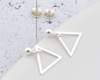 Triangle earrings, sterling silver drop studs, minimalist gift for her