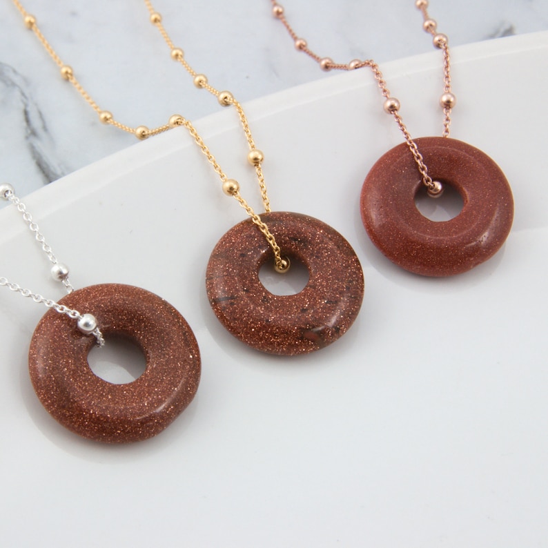 Sand stone donut necklace, circle big hole crystal pendant, women and girl gemstone jewelry gift image 1