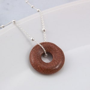 Sand stone donut necklace, circle big hole crystal pendant, women and girl gemstone jewelry gift image 2