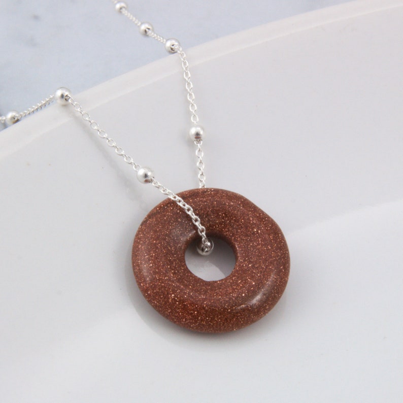 Sand stone donut necklace, circle big hole crystal pendant, women and girl gemstone jewelry gift image 2