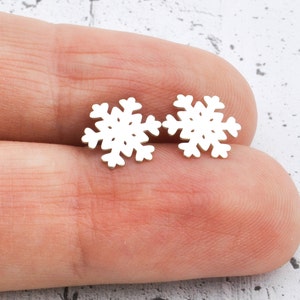 Snowflake earrings, sterling silver small studs, christmas gif for her,