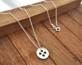 Button necklace, sterling silver jewelry, goodd luck pendant, minimalist gift for her