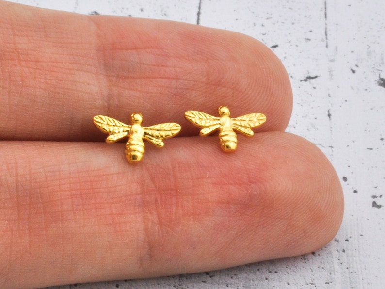 Bee earrings sterling silver studs, minimalist and dainty, mismatched stud, tiny and small gift fof her in personalized box image 1