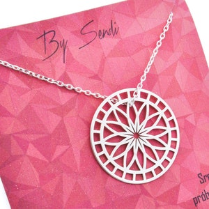 Rosette necklace, sterling silver mandala pendant, best friend birthday gift image 1