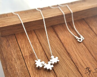 Three puzzle pieces necklace, matching pendants 3D pendant sterling silver chain and charm minimalist best friend birthday gifts