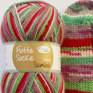 75,00 Euro/kg - sock yarn 100g, green-red-gray-pink, 4ply, Rellana (Samba1291)