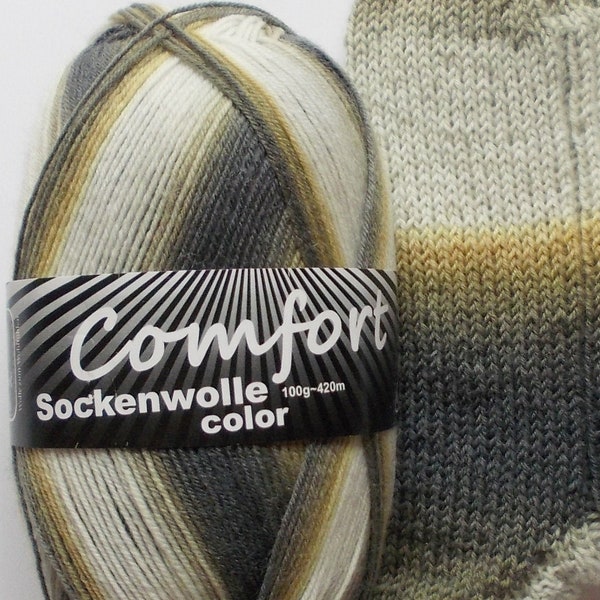 75,00 Euro/kg - sock yarn 100g, gray-white-mustard, 4ply, comfort wool (1218.04)