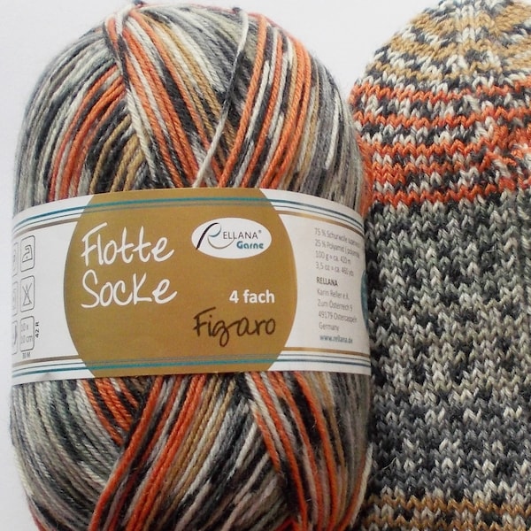 85,00 Euro/kg - sock yarn 100g, gray-orange-brown-soft green, 4ply, Rellana (Figaro1204)