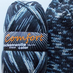 75,00 Euro/kg - sock yarn 150g, black-lightblue-white, 6ply, comfort wool (60521.02)