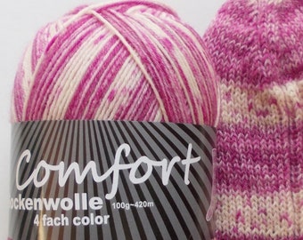 79,00 Euro/kg - sock yarn 100g, pink-white, 4ply, comfort wool (07-123)
