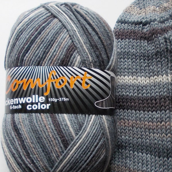 75,00 Euro/kg - sock yarn 150g, gray with stripes, 6ply, from comfort wool (602.08)