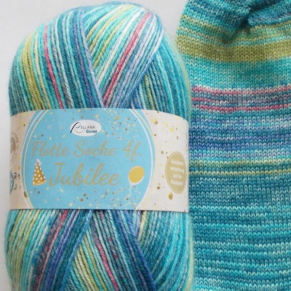 89,00 Euro/kg - sock yarn 100g, turquoise-blue-yellow-purple, 4ply, Rellana (Jub1764)