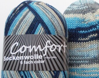 75,00 Euro/kg - sock yarn 150g, blue-gray-beige, 6ply, from comfort wool (633-09)