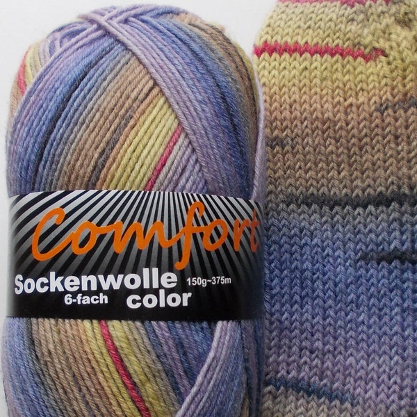 79,00 Euro/kg - sock yarn 150g, mustard-purple with stripes, 6ply, from comfort wool (605.10)