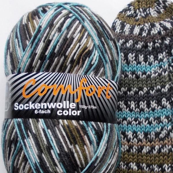 75,00 Euro/kg - sock yarn 150g, oliv-brown-lightblue, 6ply, from comfort wool (60521.05)