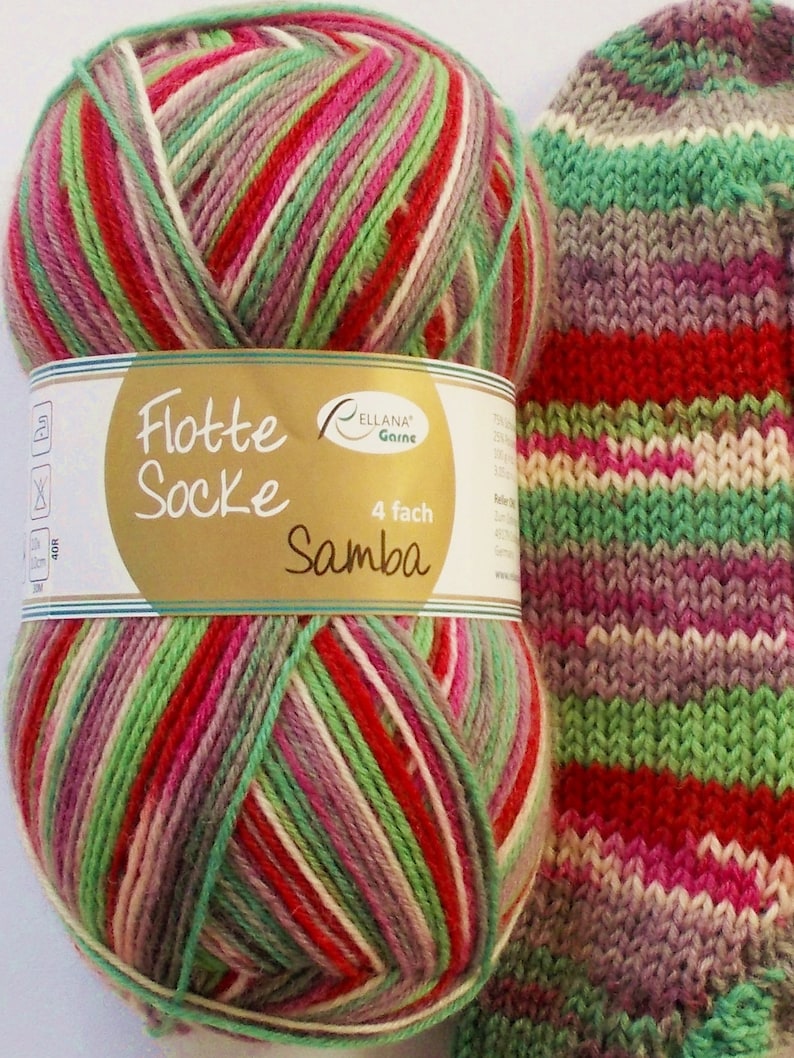 75,00 Euro/kg sock yarn 100g, green-red-gray-pink, 4ply, Rellana Samba1291 image 1