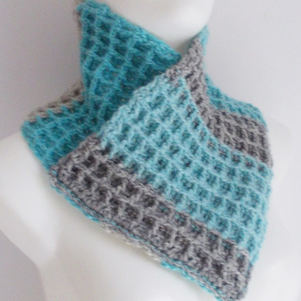 écharpe à col chaud avec motif gaufré, crocheté, bleu-gris clair, écharpe, col châle, écharpe glissante, écharpe en laine, cache-cou, fait main