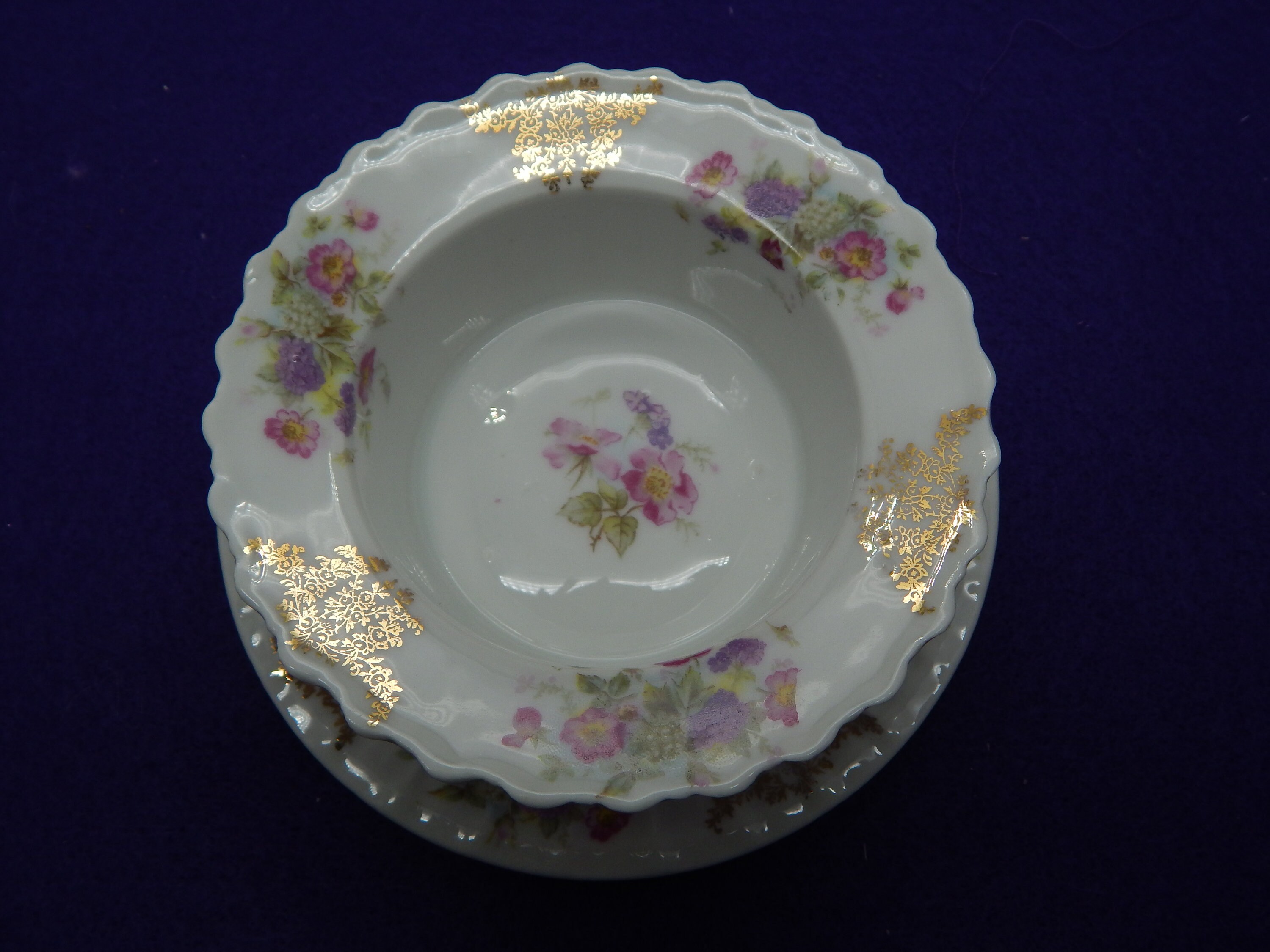 Antique German Bone China Ramekin and Saucer Pink Floral With 18k Gold