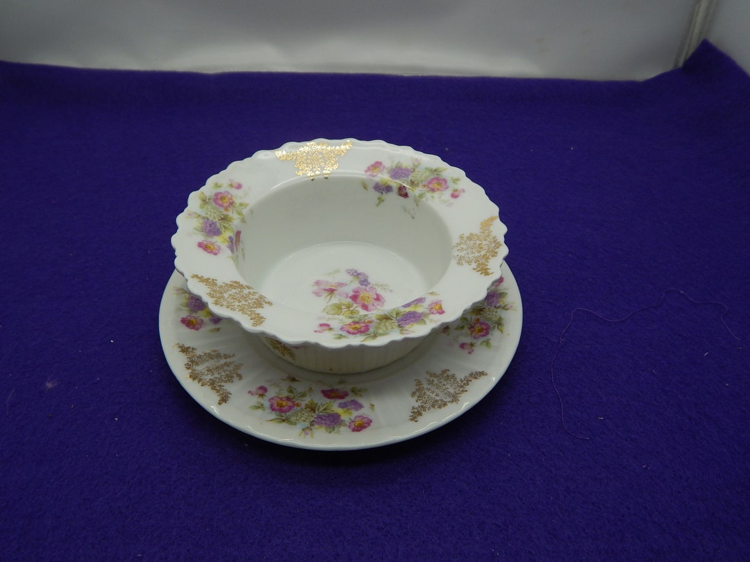 Antique German Bone China Ramekin and Saucer Pink Floral With 18k Gold