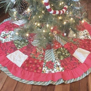 Hand-Pieced Christmas Tree Skirt: 52 Inch Patchwork Ruffle