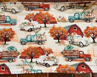 Mantel individual con estampado de camión vintage otoñal, reversible, con diseño de calabaza, ideal para decorar la mesa en otoño.
