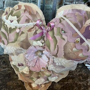 Shabby Chic Purple Floral Print Heart Pillow