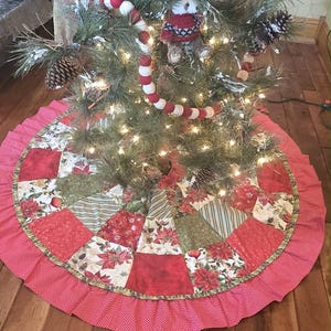 Poinsettia Christmas Tree Skirt, Hand Pieced 49 Inch Patchwork Ruffle