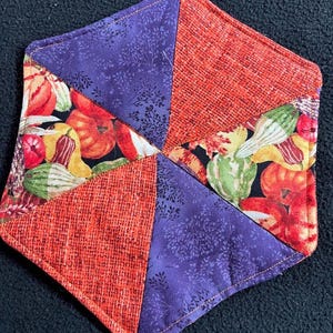 May include: A purple and orange quilted hot pad with an autumn harvest design. The fabric features a variety of gourds, pumpkins, and squash.