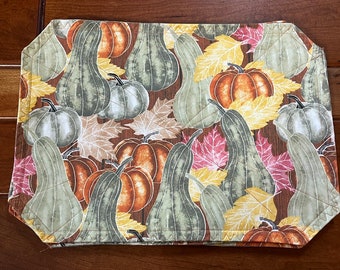 Reversible Fall Gourd Placemat, Handmade Quilted Harvest Table Decor