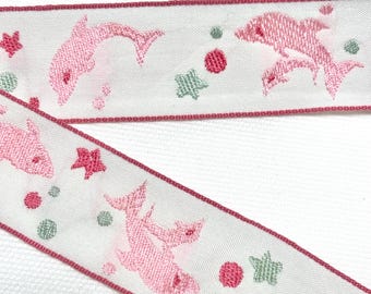5 yds Jacquard Ribbon with pink Dolphin 1"