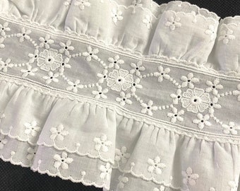 1 yard White Batiste Embroidery with flower motif and ruffles White Floral Embroidery 5 “