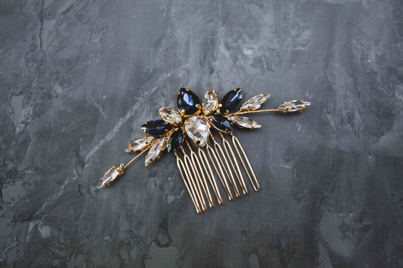 Navy Blue Crystal Bridal Hair Comb - wide 3