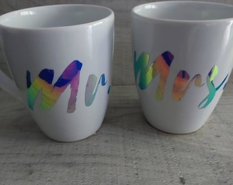 Personalized Mr & Mrs Mug Set, Vinyl Print