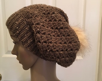 Women's Slouchy Crocheted Neutral Tweed color with snap-off faux fur Pom Pom.  Very trendy hat! Free Shipping