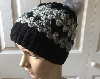 Beanie Hat with Faux Fur Pom-Pom!  Neutral color blend. Light and dark Gray & black tones. Very soft yarn.