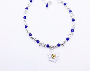 Handmade Edelweiss bracelet sterling silver & solid gold 18 kt with Lapis-Lazuli