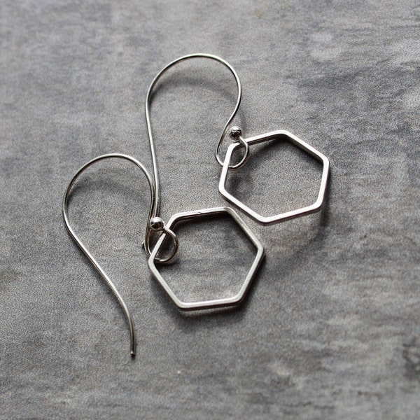 long sterling silver hexagon earrings - geometric earrings