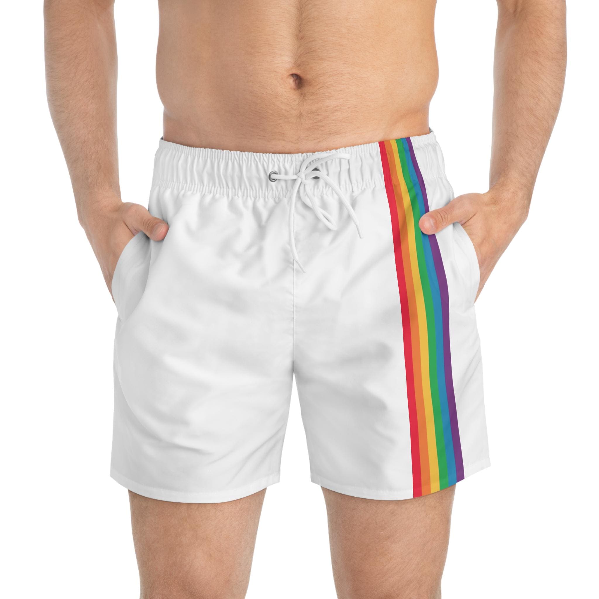 White Swim Trunks with rainbow accent - Pride attire