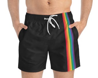 Black Swim Trunks with Rainbow Stripe - LGBTQ+ Pride Swimwear, Men's Swim Shorts, Gay Pride Board Shorts