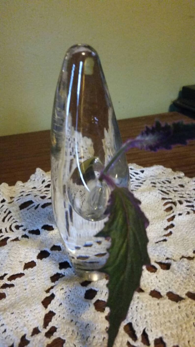 May include: A clear glass vase with a unique, rounded shape, featuring a single green and purple leaf inside. The vase is sitting on a white crocheted doily.