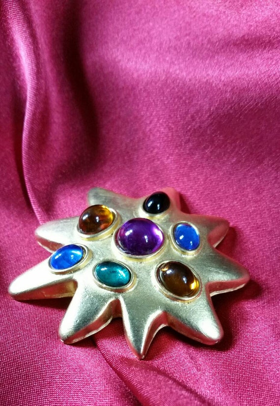 80's Gold Tone Cabochon Pin with Multi-colored St… - image 1