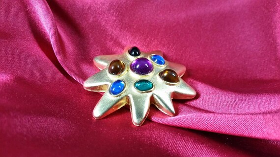 80's Gold Tone Cabochon Pin with Multi-colored St… - image 2