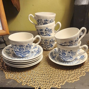 Juego de 6 tazas y platillos Blue Heritage by Wedgewood Enoch Blue and White Onion, estilo vintage.
